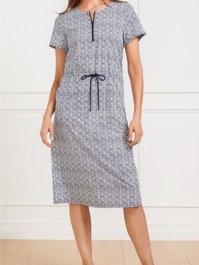 TALBOTS LIGHTWEIGHT WOVEN STRETCH DRAWSTRING WAIST DRESS - WATER SWIRLS MEDIUM